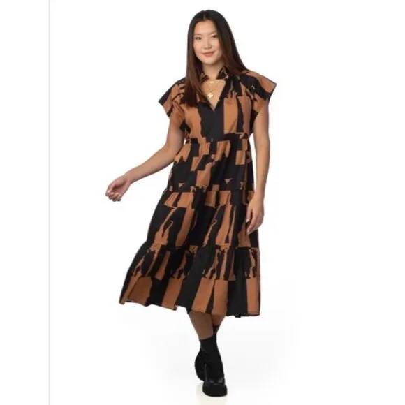 Crosby Watts Cotswold Abstract Print Midi Dress With High Collar Size XS - Picture 1 of 11